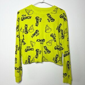 The Grinch Shirt Womens Small Green Dr Suess Long Sleeve Tee Crop Raw Hem Crew